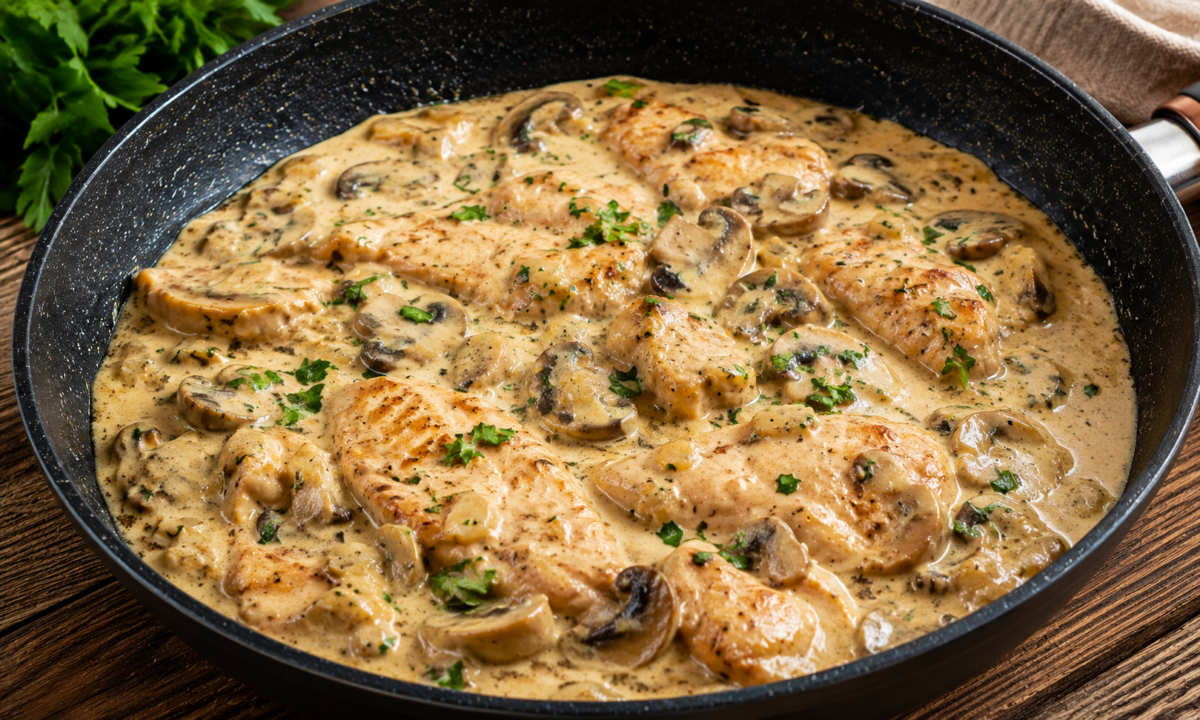 Piept de pui cu smântână și ciuperci – cremos, fraged și delicios