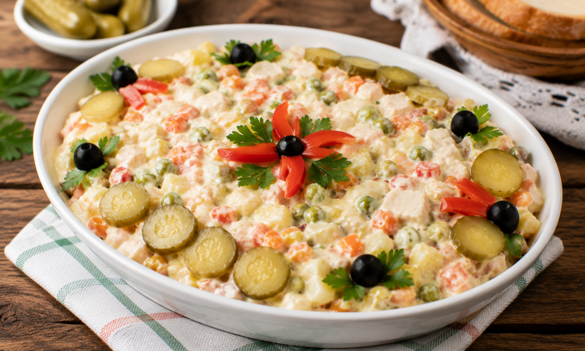 Salată de boeuf cu piept de pui – cremoasă, gustoasă și nelipsită de la mesele festive
