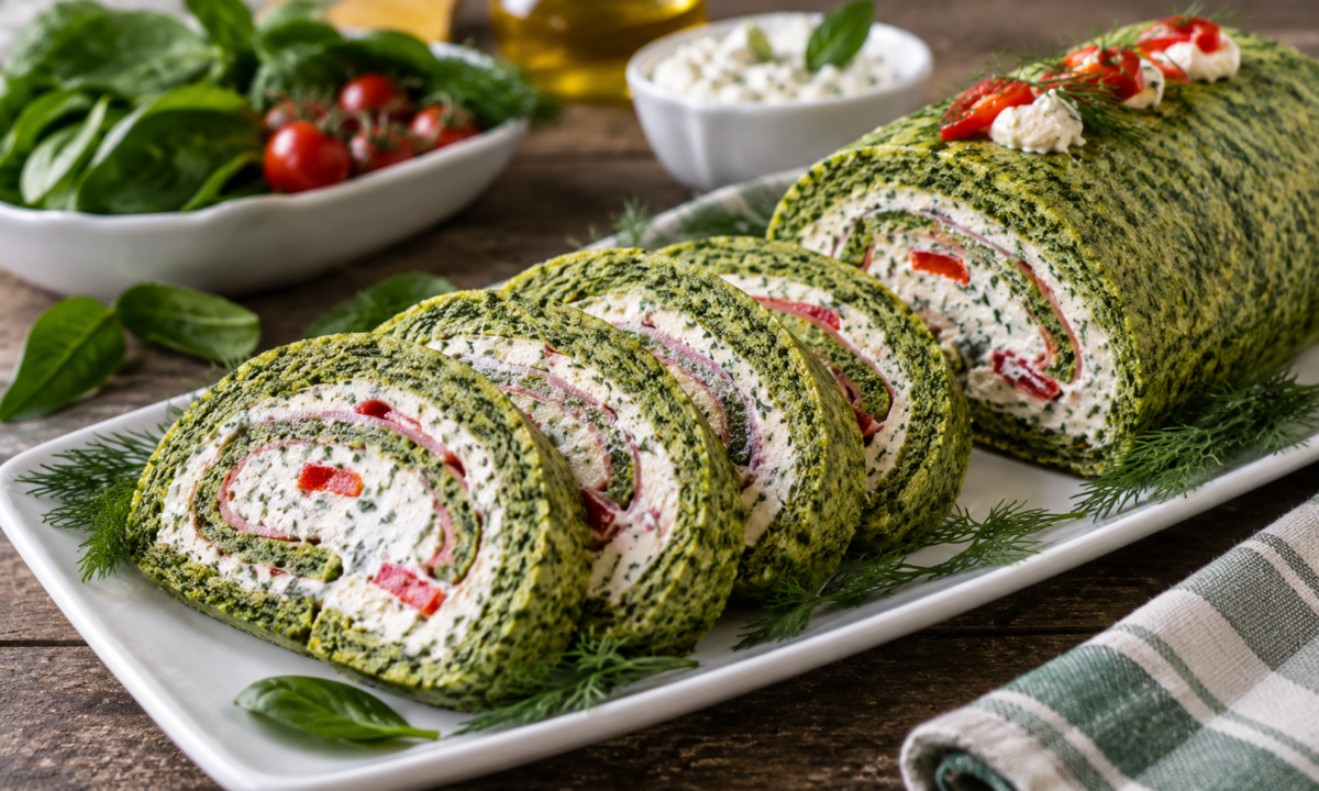 Ruladă aperitiv cu spanac și cremă de brânză – delicioasă, colorată și ușor de preparat