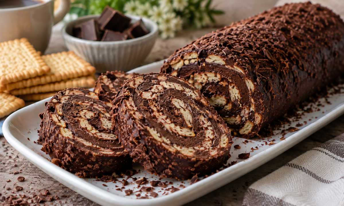 Ruladă cu blat din biscuiți și cremă de ciocolată – Fără coacere, delicioasă și ușor de pregătit