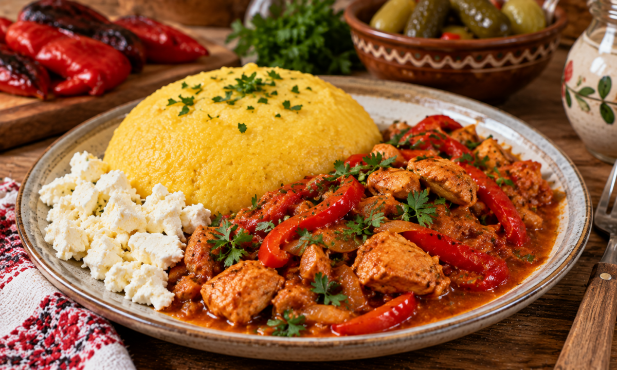 Tochitură de pui cu ardei copți și mămăligă – gustoasă și aromată, așa cum se mănancă la țară