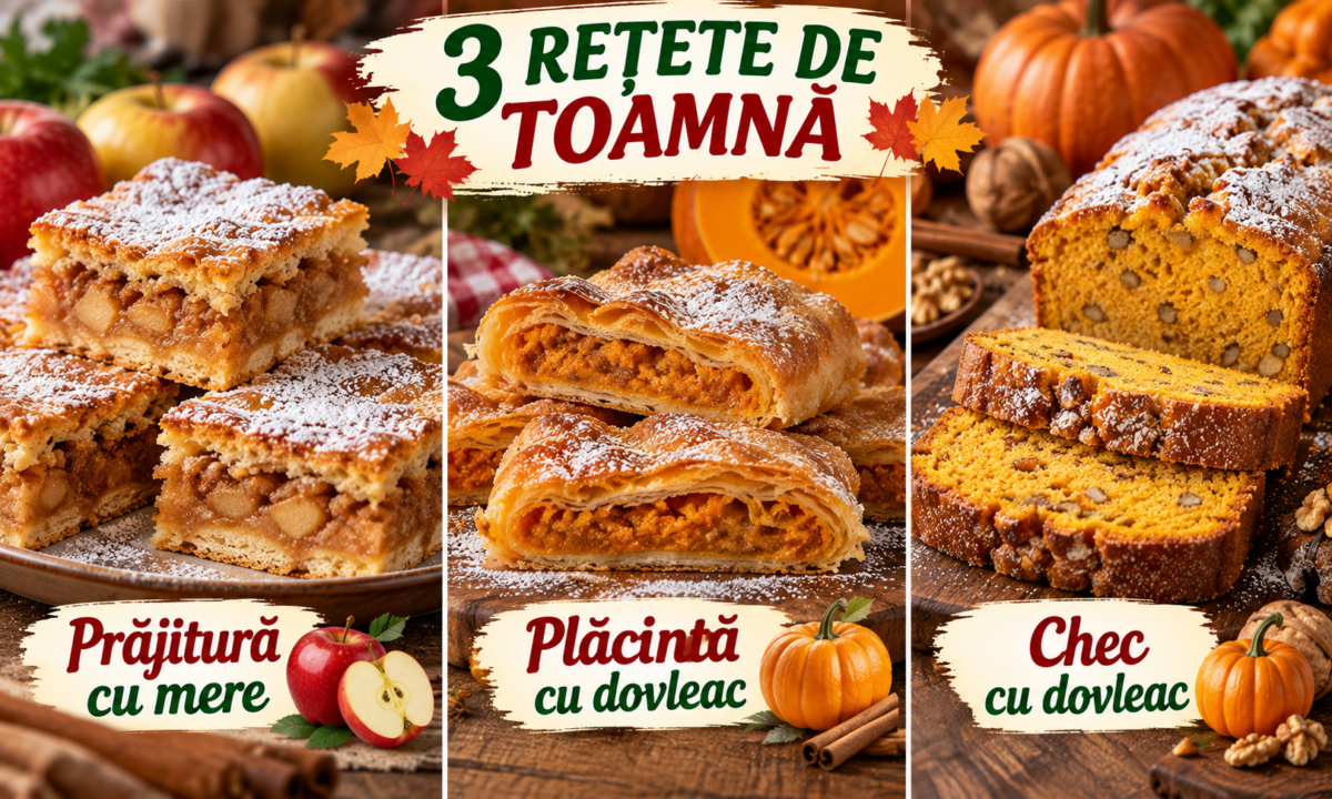 3 prăjituri cu aromă de toamnă: Prăjitură cu mere, Plăcintă cu dovleac și Chec cu dovleac