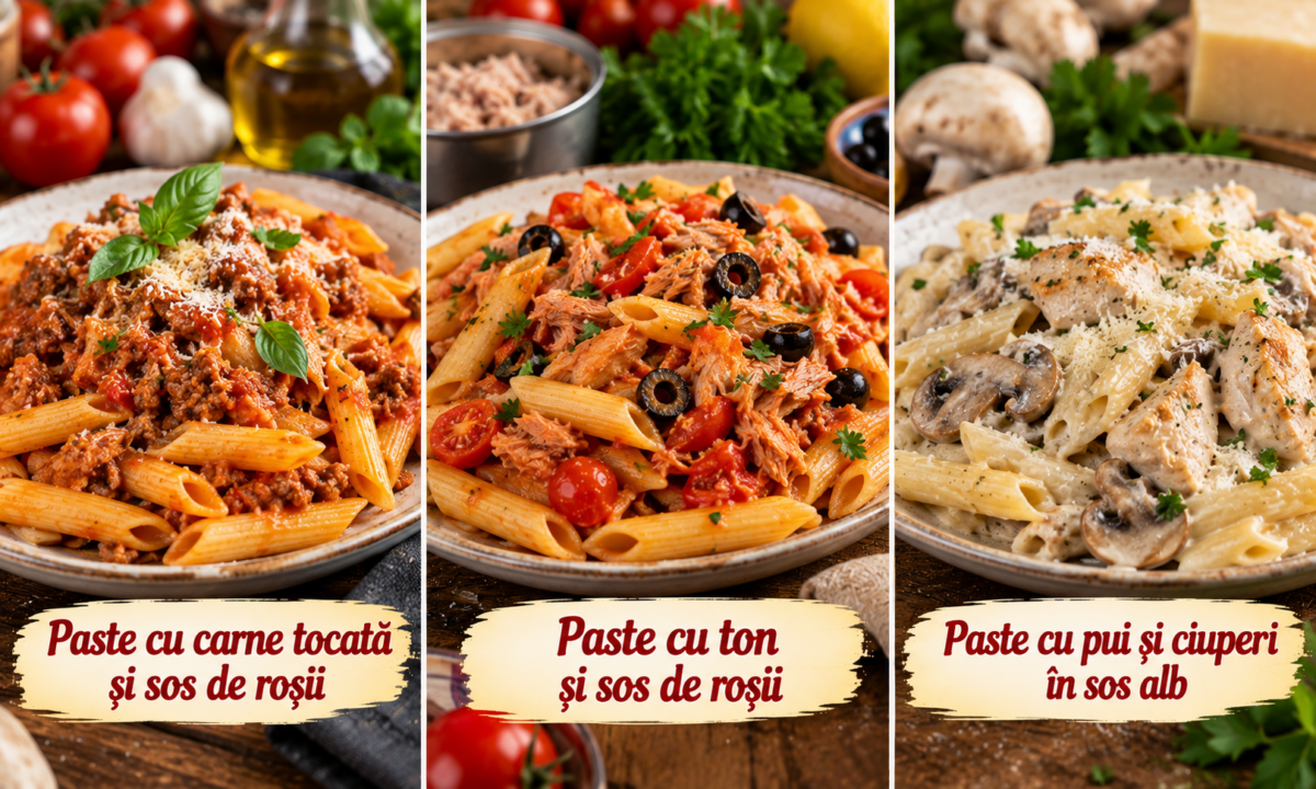 3 rețete de paste delicioase – cu carne tocată, ton și ciuperci în sos cremos