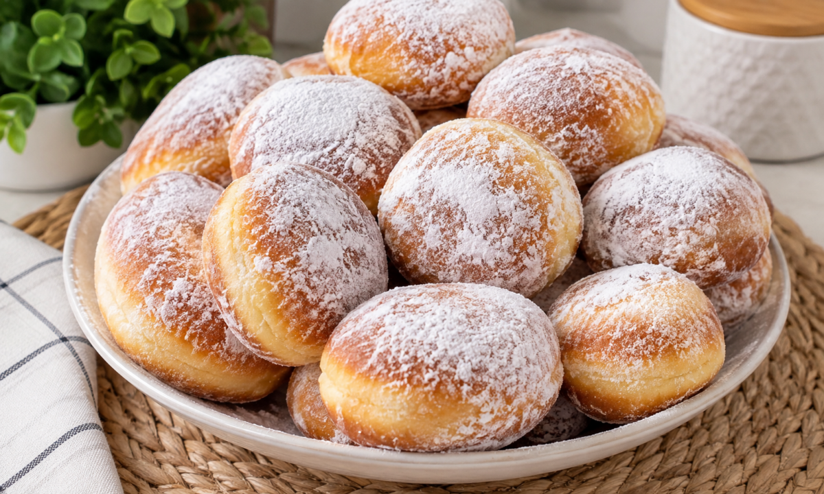 Gogoși pufoase, pudrate cu zahăr – moi, aurii și delicioase, cu gust de copilărie