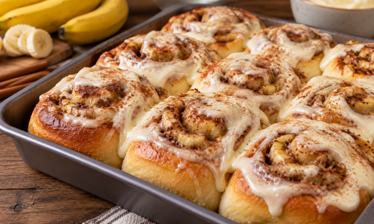 Rulouri cu scorțișoară și banană, cu glazură de cremă de brânză – Pufoase, aromate și acoperite cu o glazură fină și cremoasă